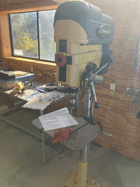 Powermatic PM2800B drill press in donor woodshop