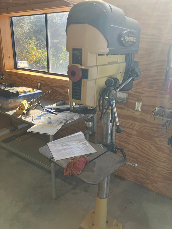 Powermatic PM2800B drill press in donor woodshop